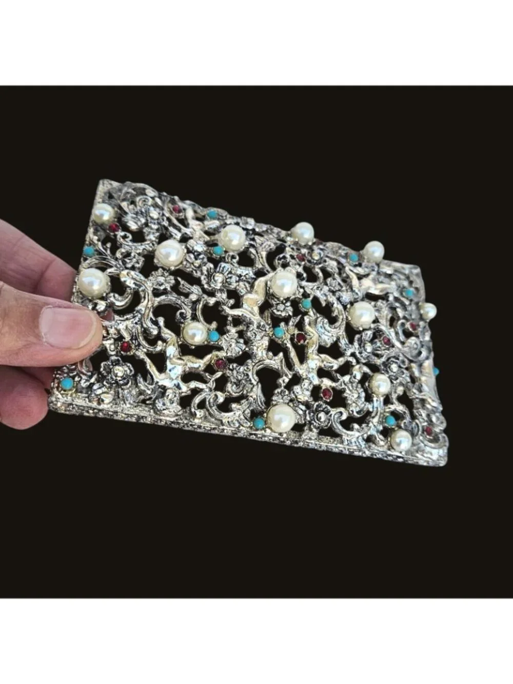 Vintage Hollywood Regency Gold Tone Filigree Jewelry Box Faux Pearl Turquoise
